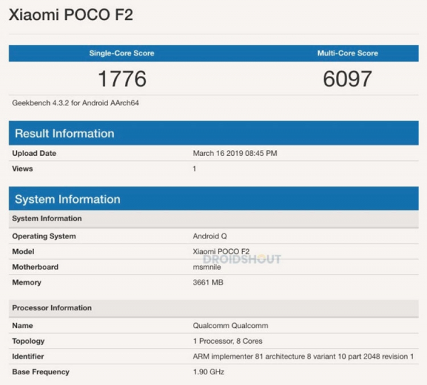 Результаты тестов Pocophone F2 указывают на Snapdragon 855 и Android Q