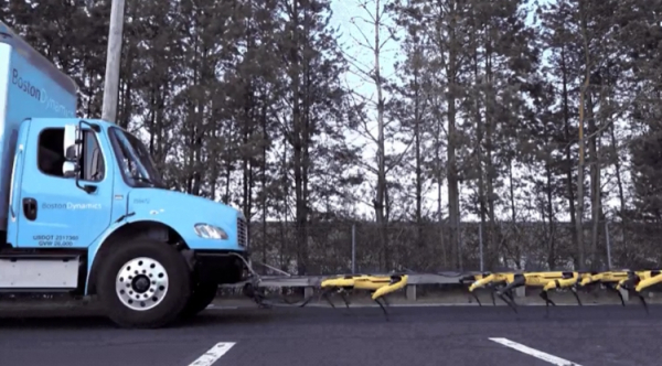 Видео дня: вереница роботов Boston Dynamics SpotMini тянет грузовик