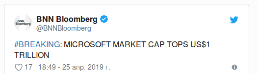 Рыночная капитализация Microsoft превысила 1 триллион долларов 25.04.2019