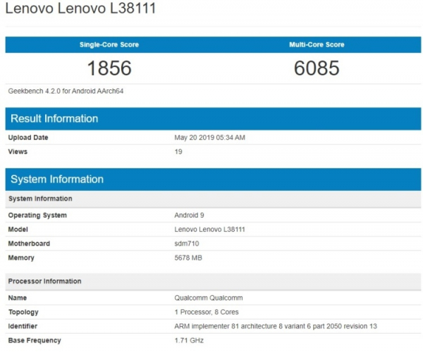 В базе Geekbench появился смартфон Lenovo L38111 с чипом Snapdragon 710 и 6 Гбайт ОЗУ