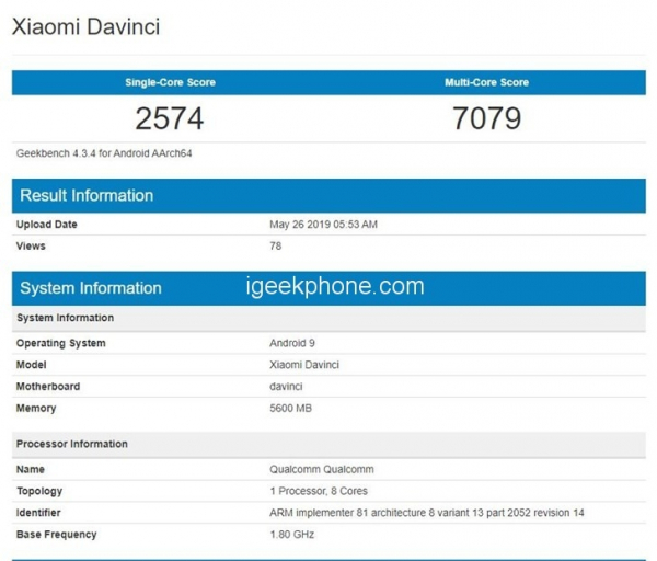 В базе Geekbench появился смартфон Redmi K20 с чипом Snapdragon 730 и 6 Гбайт ОЗУ