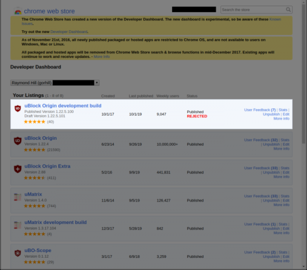 Chrome Web Store блокировал публикацию обновления uBlock Origin (дополнено)