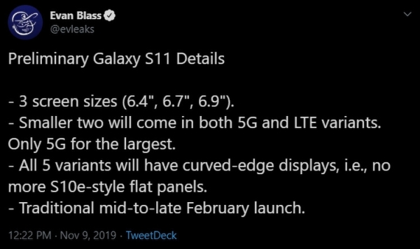 Новые детали о семействе Samsung Galaxy S11: 6,4", 6,7", 6,9" и прочее