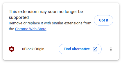 В Chrome появилось предупреждение о скором прекращении поддержки uBlock Origin