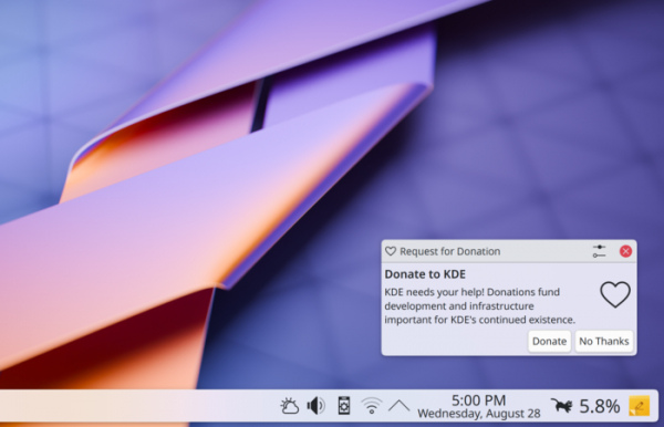 В KDE появятся всплывающие уведомления с запросом пожертвований