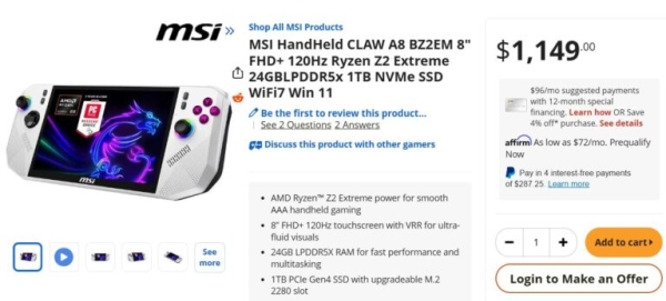 Портативная приставка MSI Claw A8 на Ryzen Z2 Extreme добралась до США и Европы по цене $1149 за вариант с 24 Гбайт ОЗУ