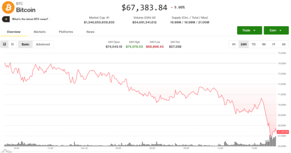 Биткоин рухнул ниже $67 000 — инвесторы напуганы и устроили распродажу