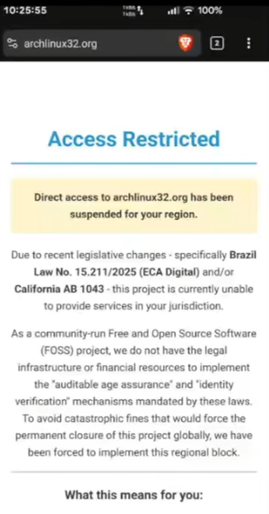  Проект Arch Linux 32 заблокировал доступ из Бразилии из-за закона о верификации возраста 