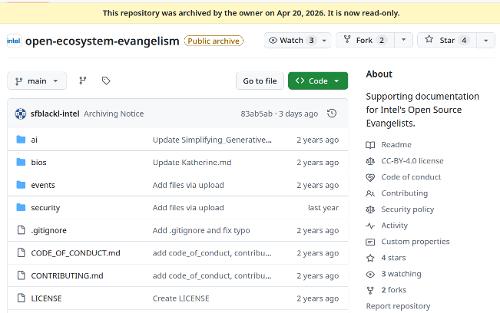 Проект Intel Open Ecosystem Community and Evangelism остановлен